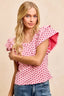 Heart Pattern Knit Ruffled Sleeve Shirt - PINK RED