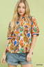 Abstract Jacquard Split Neck Blouse - BLUE MIX
