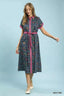 Mixed Floral Button Front Midi Dress - NAVY MIX