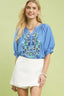 Floral Embroidered Puff Sleeve Blouse - CERULEAN
