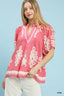 Boho Print Split Neck Blouse - PINK