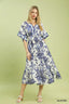 Floral Border Pocket Midi Dress - BLUE MIX