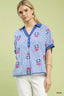 Striped Embroidered Button Front Boho Blouse - BLUE