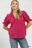 Textured Button Front Puff Sleeve Top - HOT PINK