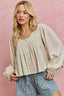 Linen Blend Smocked Sleeve Blouse - CREAM