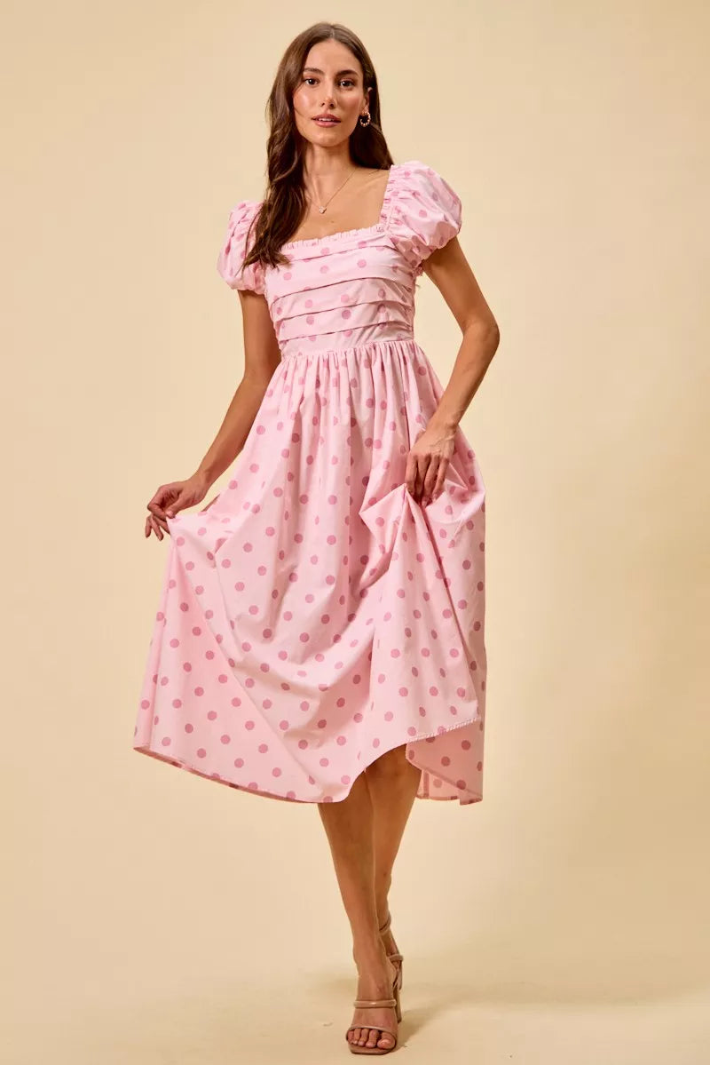 Polka Dot Puff Sleeve Midi Dress
