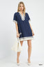 Contrast Trim Linen Split Neck Mini Dress - NAVY