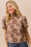 Textured Floral Mesh Puff Top - BROWN MULTI
