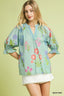 Floral Split Neck Puff Blouse - SEAFOAM