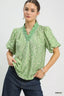 Printed Ruffle Neck Puff Sleeve Top - GREEN