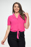 Chiffon Tie Front Short Sleeve Top - Fuchsia