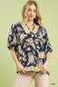 Floral Border Print V-Neck Blouse - NAVY