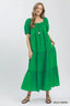 Textured Puff Sleeve Tiered Midi Dress - KELLY GREEN