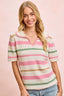 Striped Collared Multi Color Knit Top - CREAM PINK