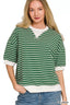 Striped Short Sleeve Rib Sweatshirt - DK GREEN