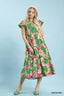 Bold Floral Tiered Midi Dress - GREEN MIX