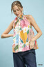 Abstract Floral High Neck Halter Top - CREAM