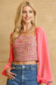 Rose Tweed Chiffon Puff Sleeve Blouse - L