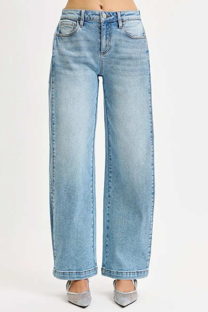 Mid Rise Snap Barrel Wide Jeans -