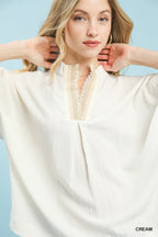Textured Contrast Trim V-Neck Blouse -