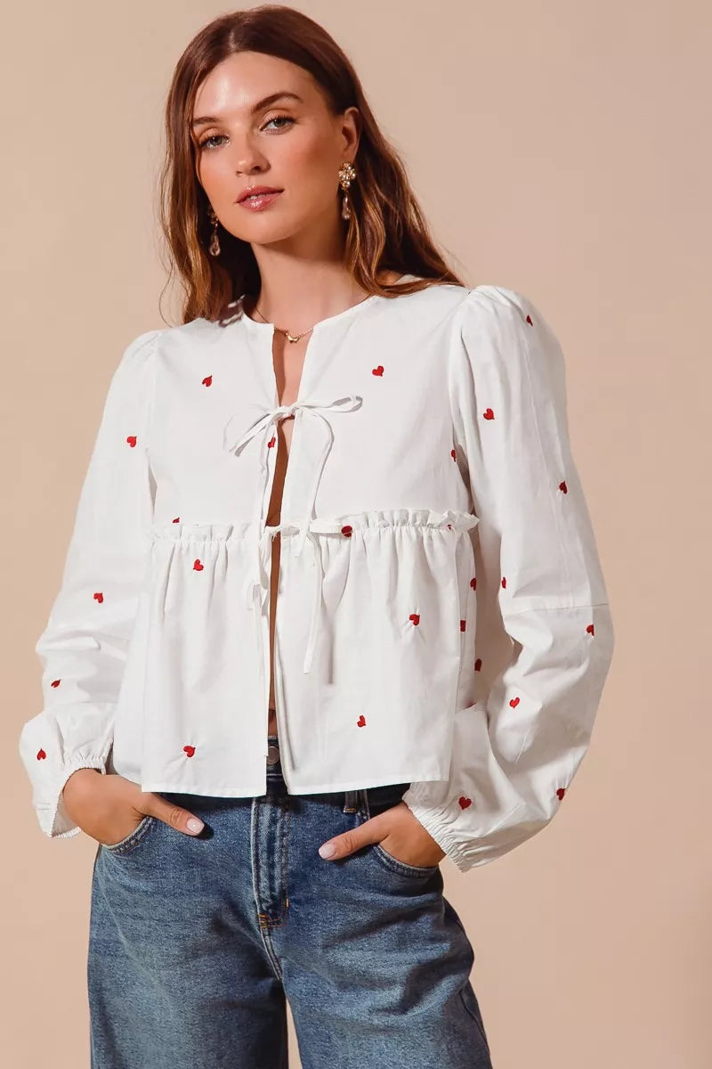 Front Tie Heart Puff Sleeve Blouse - IVORY