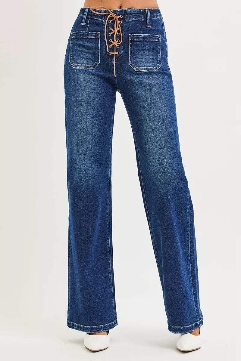 Front Lace Up Wide Leg Jeans -