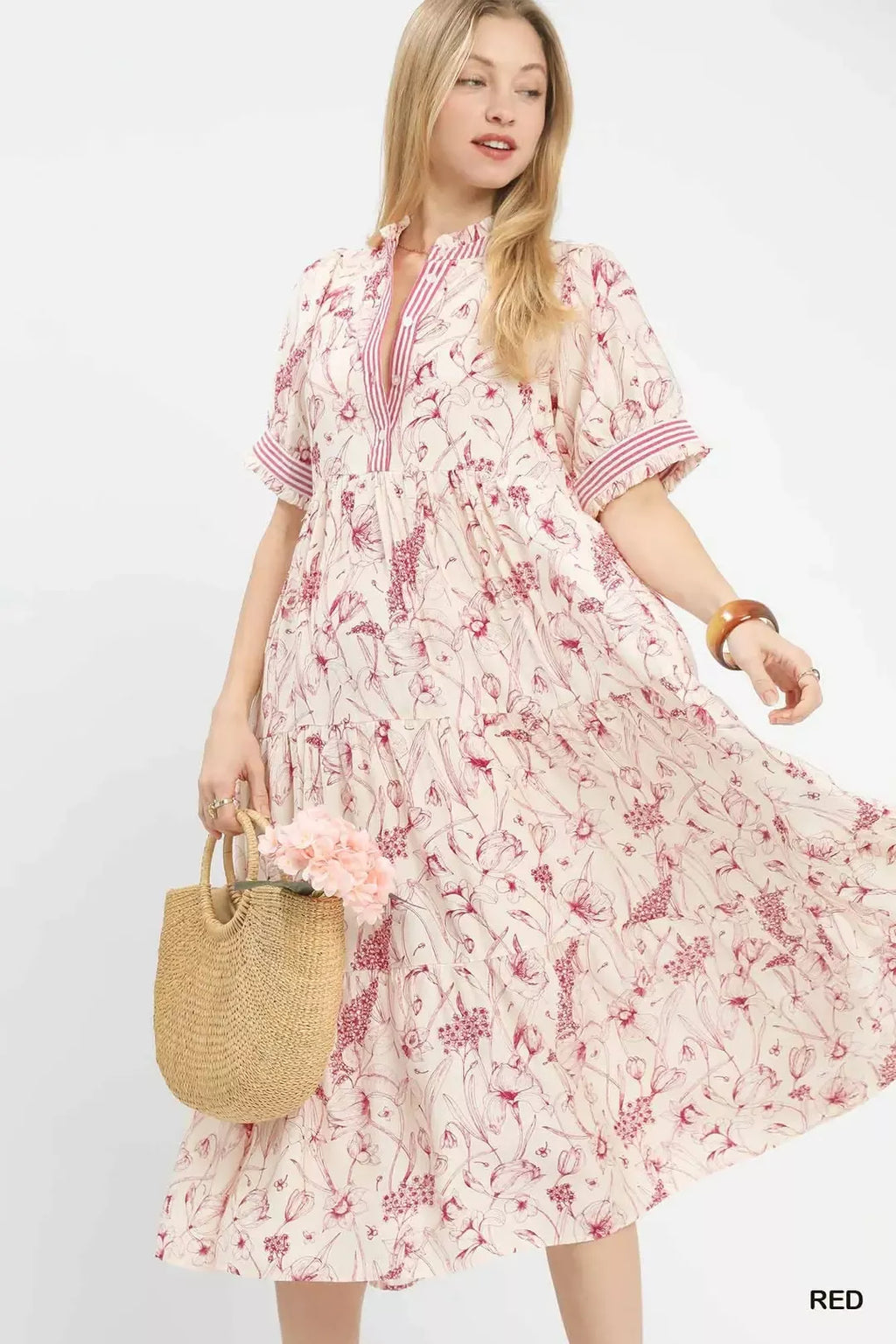 Floral Ruffle Trim Midi Dress -