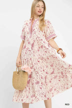 Floral Ruffle Trim Midi Dress -