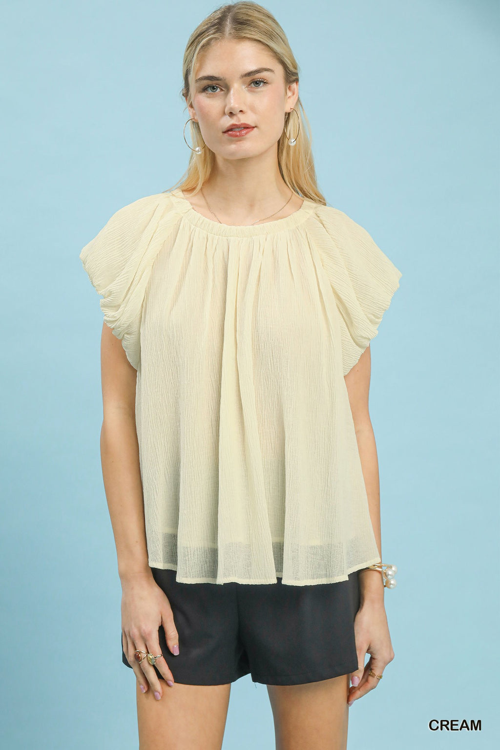 Soft Crinkle Flutter Sleeve Blouse - CREAM