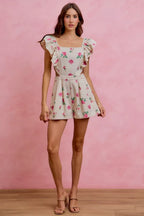 Floral Ruffle Cutout Denim Romper - IVORY PINK