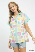 Mixed Print Collared Button Blouse - PINK MIX