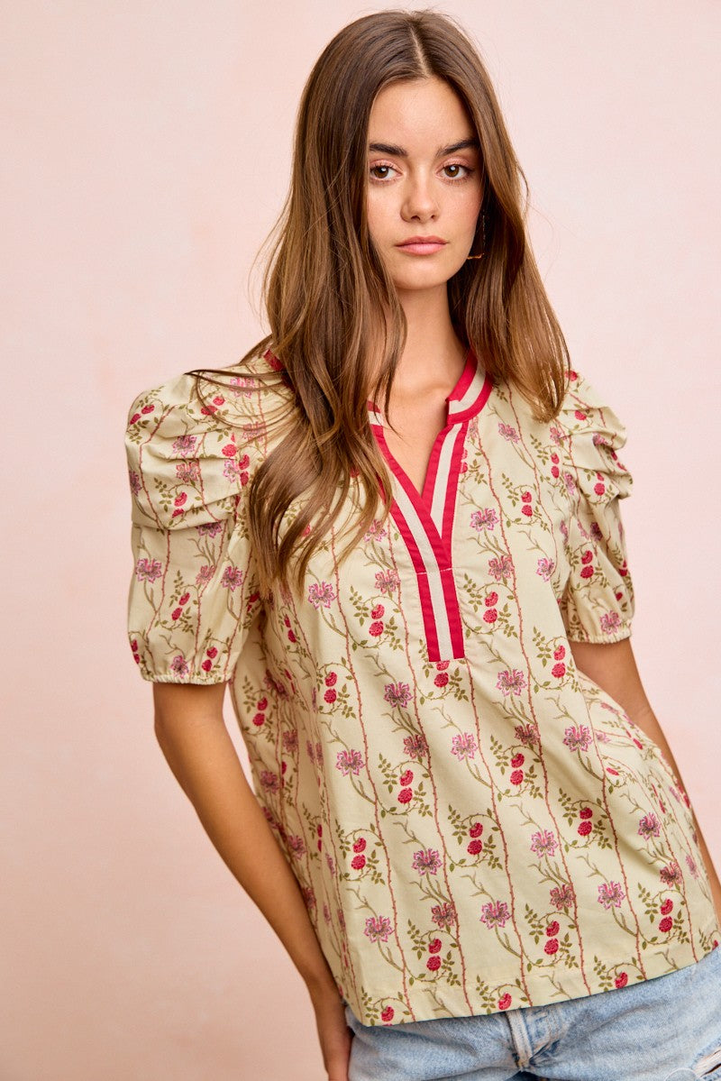 Floral Contrast Neck Puff Blouse -