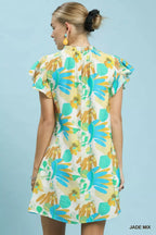 Botanical Ruffle Sleeve Mini Dress -