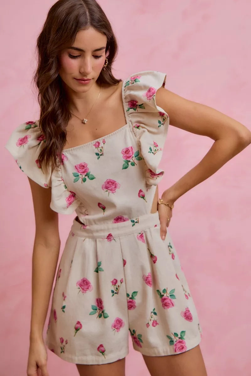 Floral Ruffle Cutout Denim Romper -