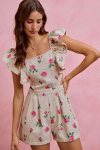 Floral Ruffle Cutout Denim Romper -