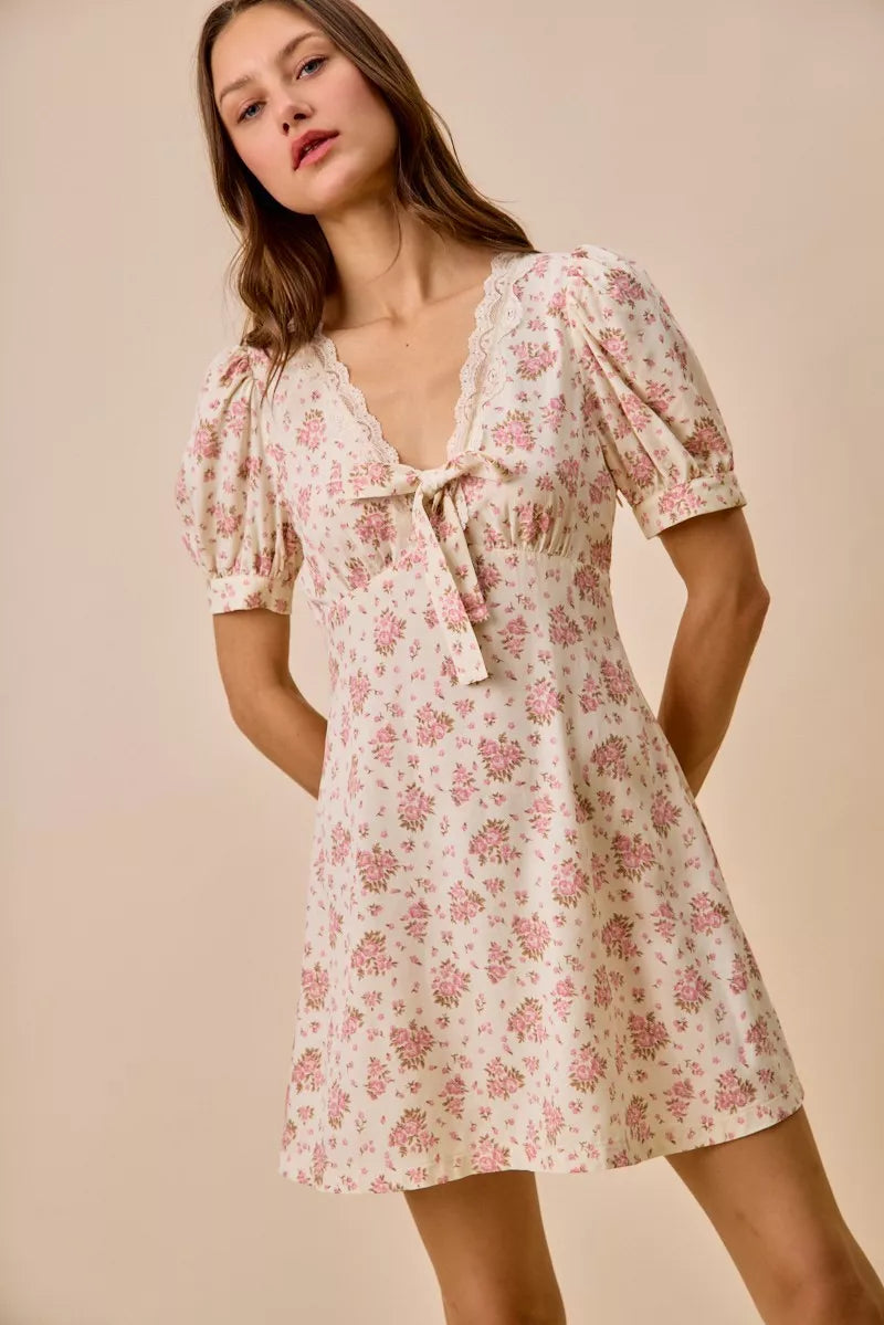 Cream Floral Lace Trim Mini Dress -