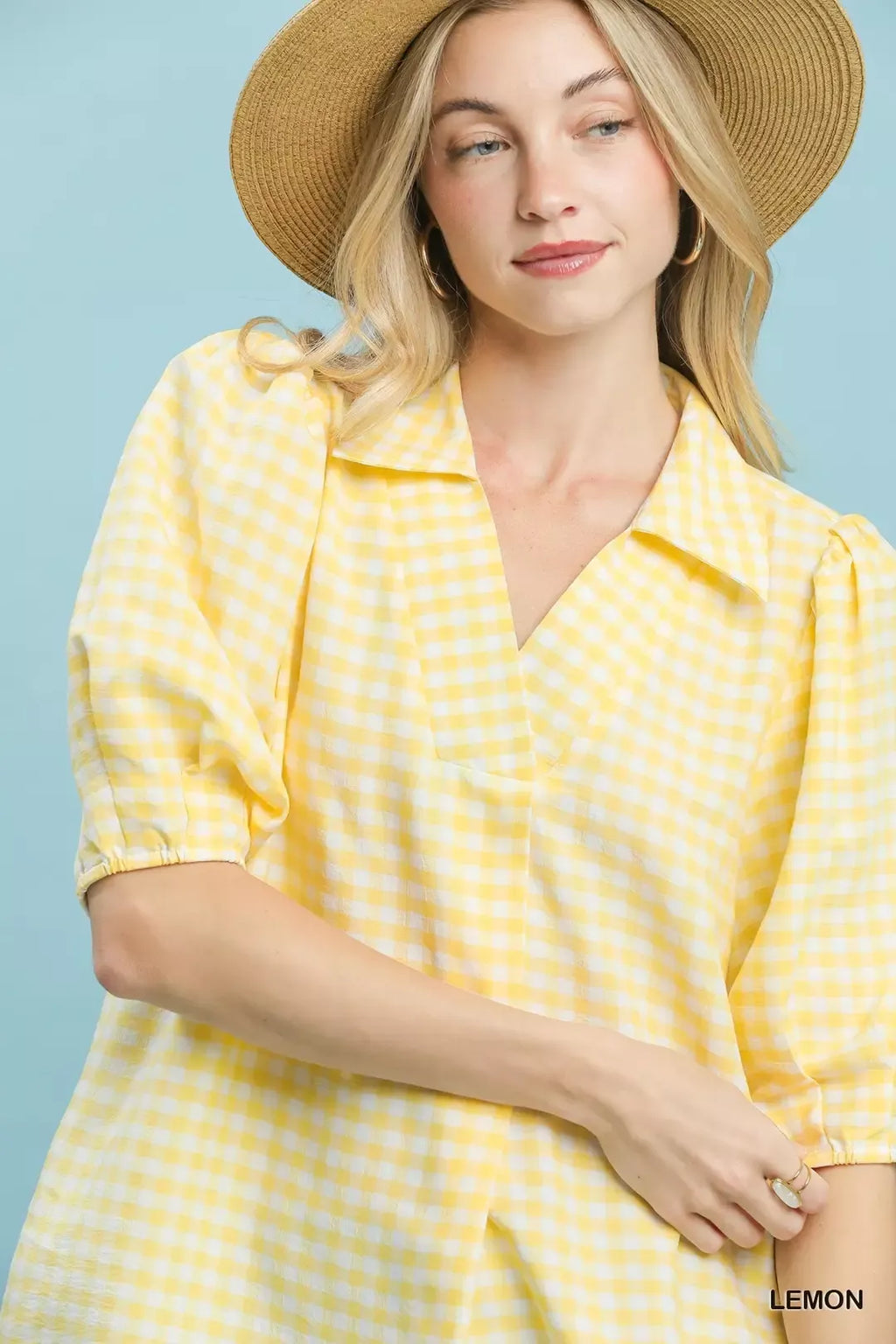 Lemon Gingham Collared Puff Sleeve Blouse -