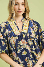 Floral Border Print V-Neck Blouse -