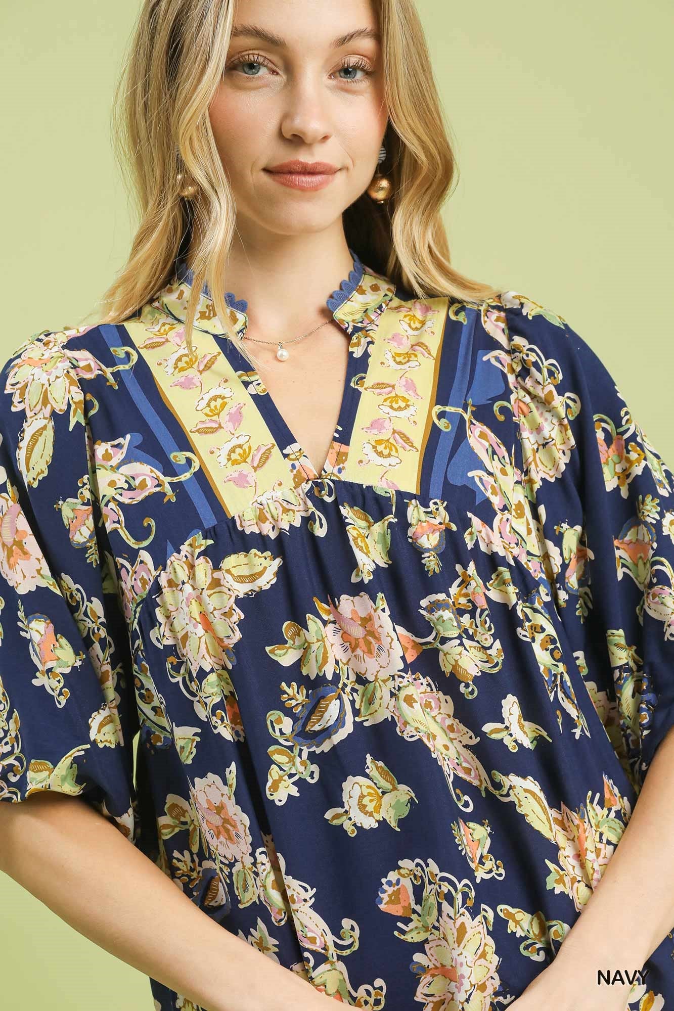 Floral Border Print V-Neck Blouse -