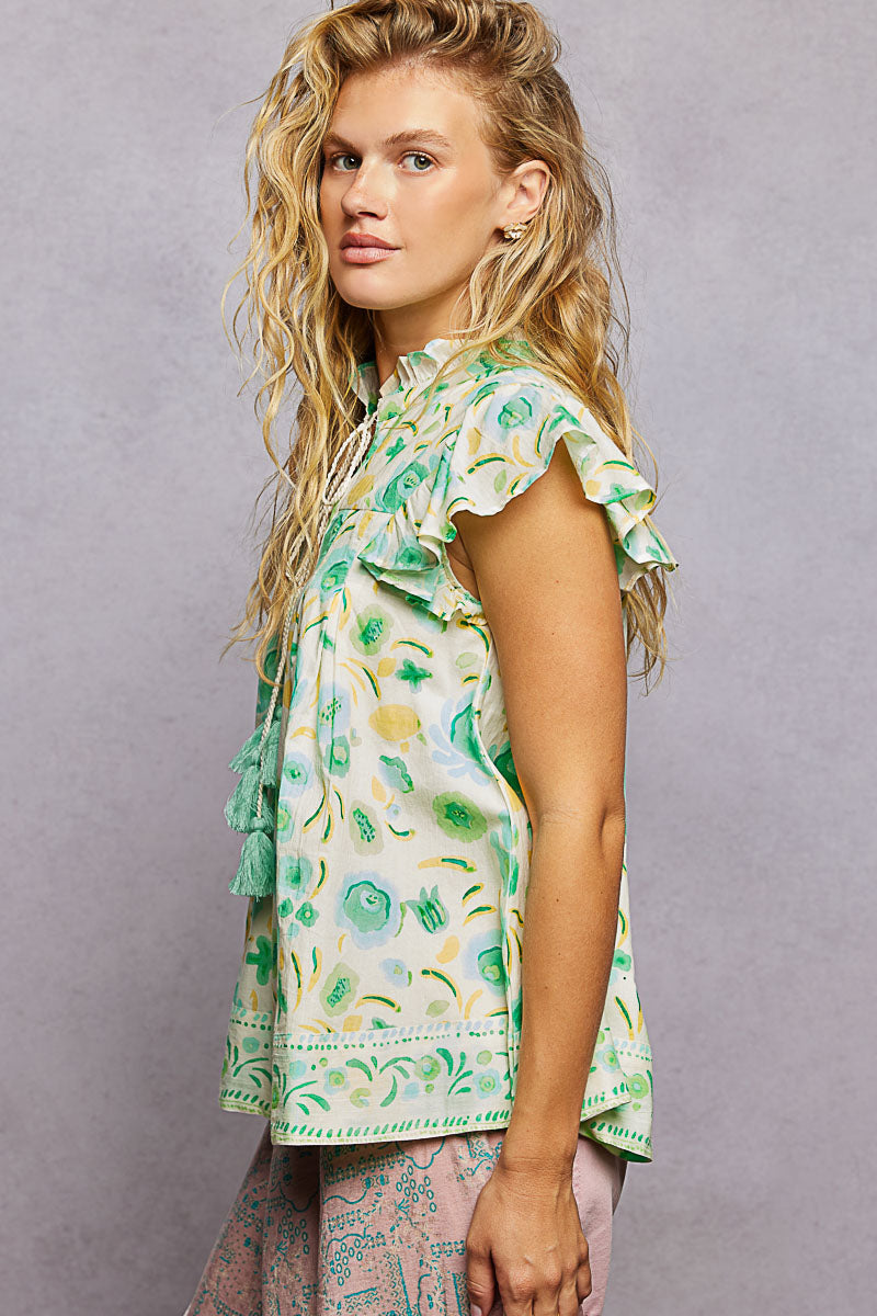 Floral Tassel Tie Flutter Blouse -