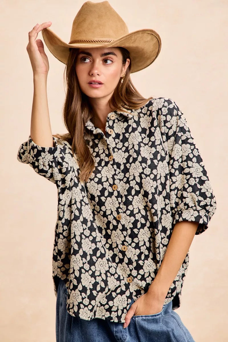 Floral Jacquard Short Dolman Sleeve Shirt -