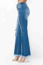 High Rise Distressed Raw Bootcut Jeans -