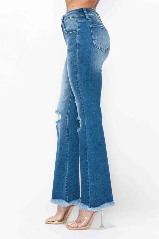 High Rise Distressed Raw Bootcut Jeans -