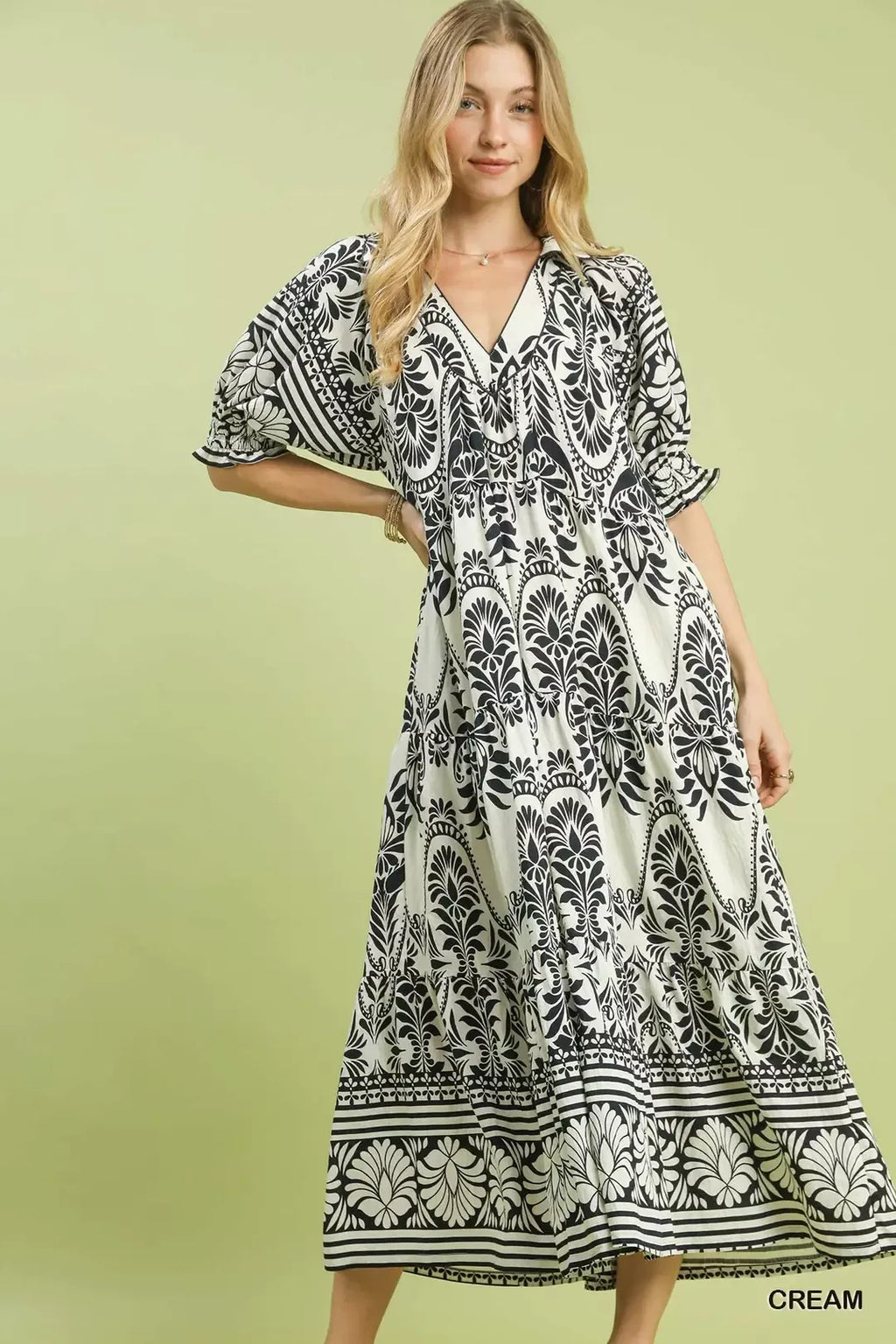 Border Print Flutter Sleeve Midi Dress -