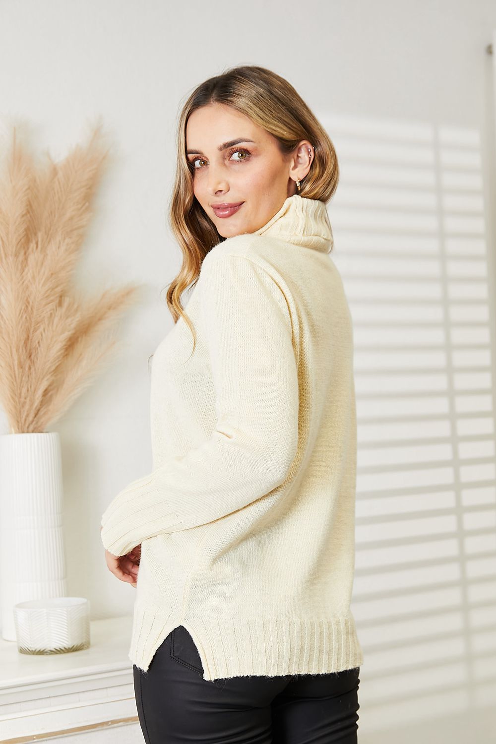 Side Slit Long Sleeve Turtleneck Sweater -