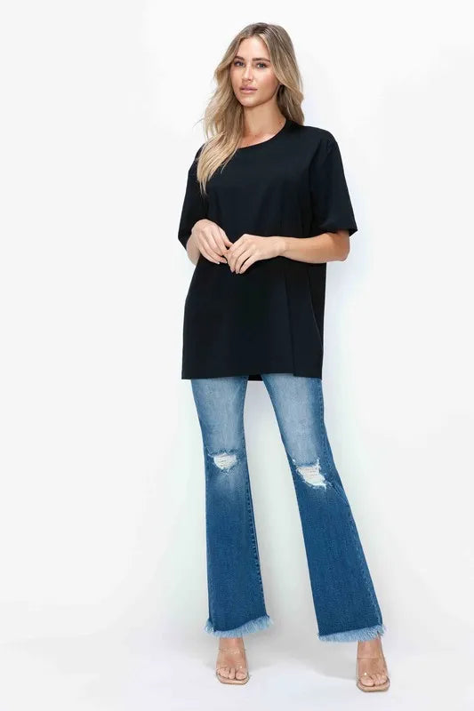 High Rise Distressed Raw Bootcut Jeans -