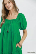 Textured Puff Sleeve Tiered Midi Dress -