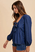 Tie Front Peplum Denim Blouse -