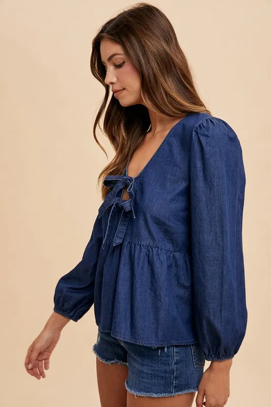 Tie Front Peplum Denim Blouse -