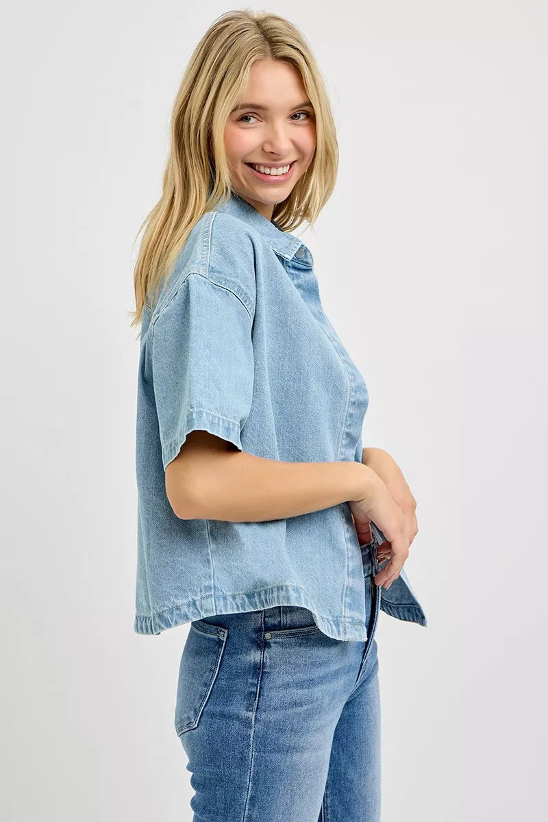 Oversized Cropped Denim Shirt -